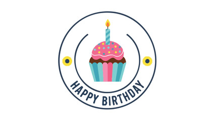 Colorful Happy Birthday Cupcake Icon Design with Candle on White Background