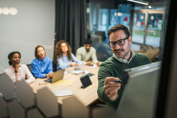 Business professional leading meeting writing on whiteboard