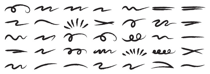 Hand drawn underline set. Marker brush strokes collection. Rough charcoal strokes. Collection of vector grunge brushes. Vector horizontal chalk lines drawn by hand.