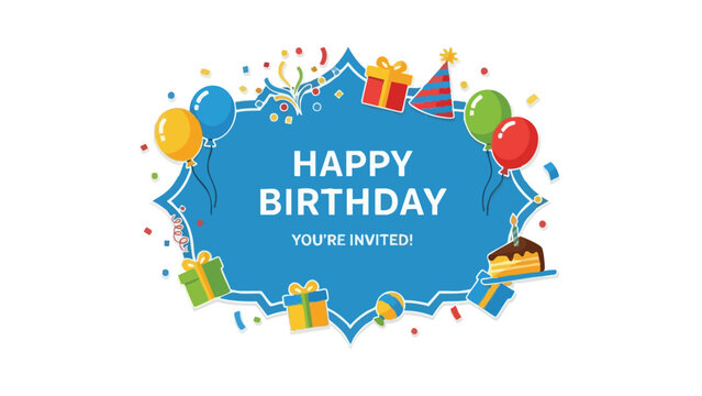 Vibrant Birthday Invitation Design with Balloons, Gifts, and Confetti
