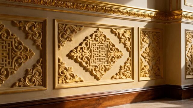 Closeup medium shot revealing elaborate ornamental plaster wall designs with classic scrollwork and geometric patterns in an elegant interior.