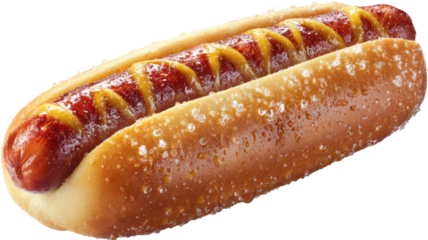 Hot dog with grilled sausage and mustard on a bun perfect for fast food and street food menus on transparent background
