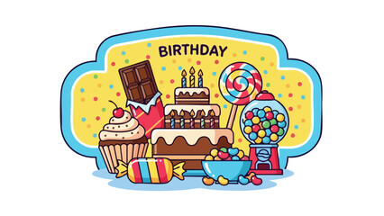 Sweet Birthday Celebration Colorful Candies, Cake, and Treats Illustration