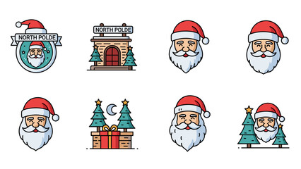 Set of eight cute cartoon icons representing santa claus face, north pole building, and christmas tree illustration