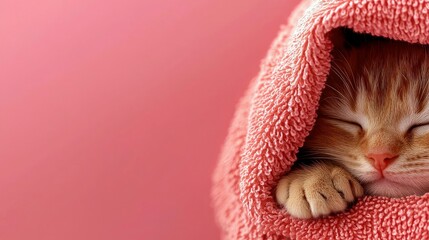 A cute orange kitten is wrapped in a pink towel, sleeping peacefully against a pink background. The image evokes a sense of comfort and tranquility.