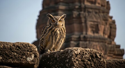 Majestic Owl Perched on Ancient Stone Ruins Overlooking Temple Structure.