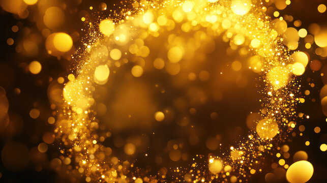 Abstract golden bokeh lights forming a circular frame with sparkling particles