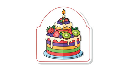 Delightful Fruit Topped Birthday Cake Illustration with a Lit Candle on a White Background