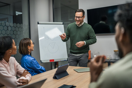 Business professional presenting ideas to diverse team meeting