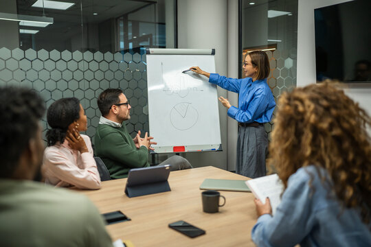 Business colleagues discussing data during corporate meeting in office