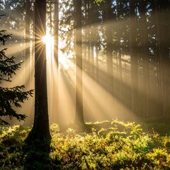 Sunbeams through a misty forest