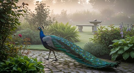 Majestic Peacock Struts Through Misty Garden at Sunrise.