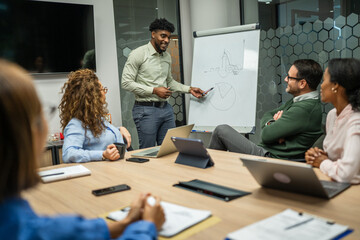Diverse business team collaborating during office meeting presentation