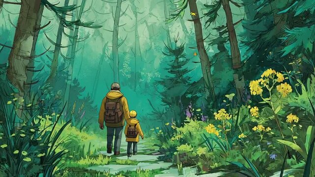 Father and Child Hiking in a Lush Forest Illustration.
