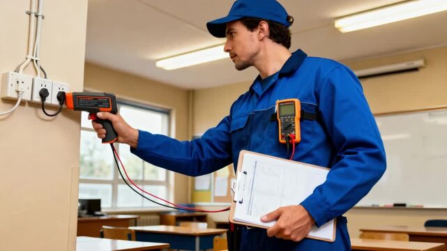 Technician conducting a detailed walkthrough of school classrooms using diagnostic tools to assess and document electrical safety compliance.