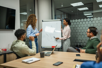 Diverse business team collaborating during office presentation meeting