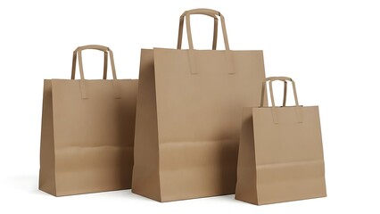 Three brown paper shopping bags of different size isolated on white background