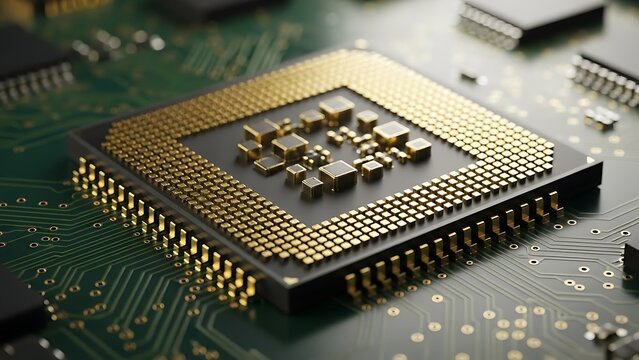 Modern microchip acting as the brain for data processing and sharing.