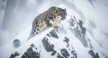 Majestic Snow Leopard Perched Atop a Snowy Mountain Peak in a Blizzard.