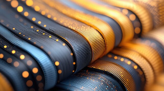 Close-up of abstract, wavy ribbons in shades of gold, blue, and black, with glowing dots, creating a sense of depth and texture. The warm lighting enhances the