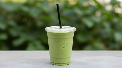 Iced matcha green tea latte smoothie in plastic cup with straw