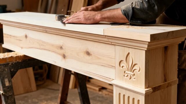 Artist fitting a custom fireplace mantel with subtle carvings in unfinished wood focusing on the creative process that transforms the hearth into a stylish focal feature.