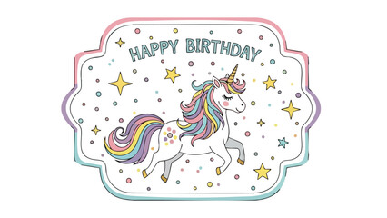 Happy Birthday Unicorn Festive Card Design with Stars and Pastel Rainbow Mane for Celebrations