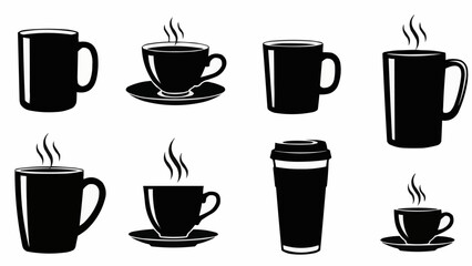 Collection of Steaming Coffee Cups and Mugs in Silhouette.