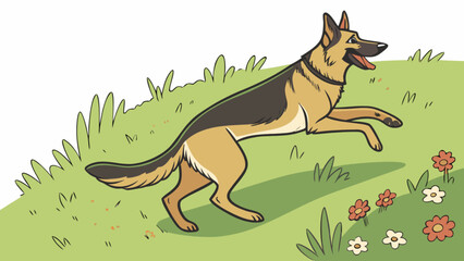 Obraz premium A german shepherd dog leaping through a grassy field with flowers in a cartoon style illustration