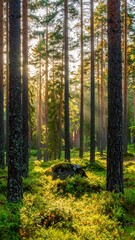 Sunlight filtering through a pine forest