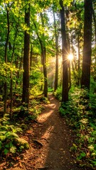 Sunlight filters through dense forest onto a winding dirt path