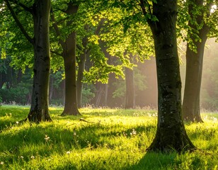 Sunlight filters through trees onto a meadow in a lush, green forest