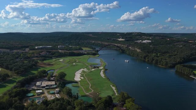 Aerial Push In Toward Pennybacker Bridge Over Lake Austin in Texas Hill Country