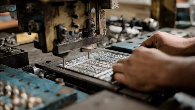 Medium shot of a selfadjusting embossing press efficiently handling a small batch of intricate designs on thin metal sheets in a compact workshop environment.