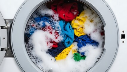 Vibrant assorted clothing items tumbling and soaking in a washing machine, generating abundant suds and bubbles during a vigorous laundry cycle, symbolizing cleanliness and household chores