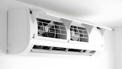 Modern indoor air conditioning unit mounted on a wall with its front panel open, revealing internal cooling components and fans, symbolizing home climate control