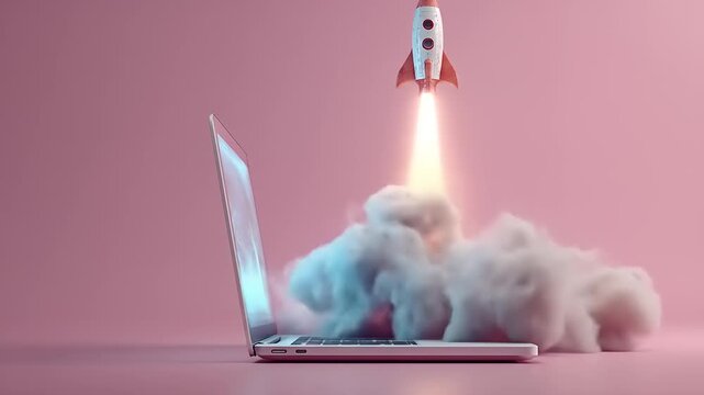 Laptop with rocket launch concept on pink background business and technology