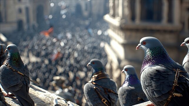 A group of pigeons are perched on a ledge, observing a large crowd of people in a city setting during the day. The pigeons are in focus, while the crowd is blur