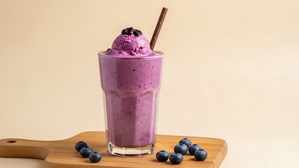 Delicious purple blueberry smoothie or milkshake in a tall glass