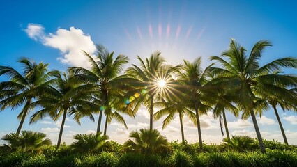Sun-Kissed Tropical Haven Majestic Palm Trees Bathed in Brilliant Sunshine Against a Vivid Blue Sky, Creating an Idyllic Scene of Relaxation and Summer Bliss