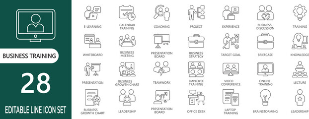 28 Editable Business Training vector line icons. Essential for e-learning, coaching, teamwork, presentation, leadership, and online education design.