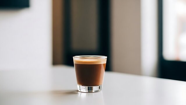 Single shot of espresso coffee with rich crema in glass