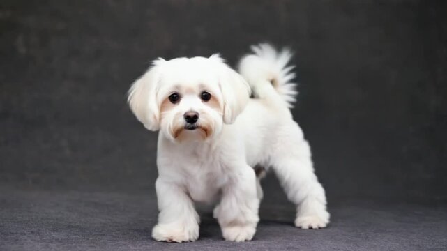 A fluffy white maltese dog standing on a gray background looking at the camera with dark eyes dog video