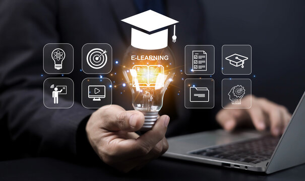 E-learning concept with glowing light bulb, digital education icons, graduation cap, and online learning elements, representing innovation, knowledge development, and virtual study