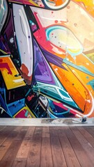 Colorful graffiti art on a wall with a wooden floor in the foreground.