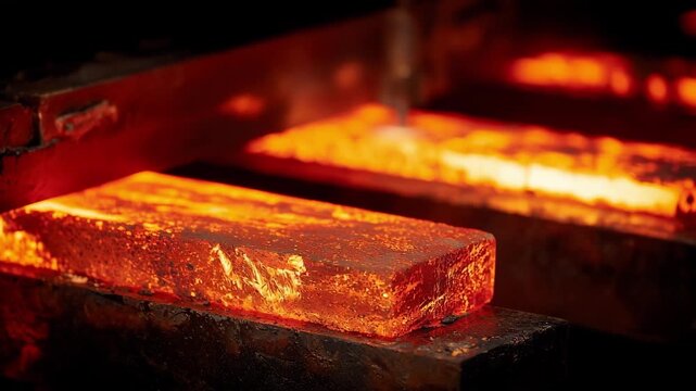 Medium shot of laser cladding layered technique on metal forging creating refined surface textures with vibrant molten layers and precise laser beam application.