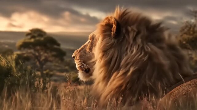 Majestic lion in natural habitat under warm evening sunlight close up