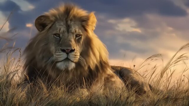 Majestic lion portrait against sky with golden light and grass