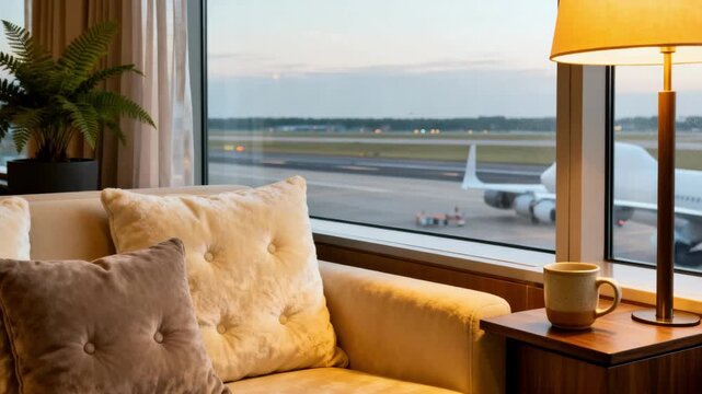 Medium shot of a cozy airport lounge window seat featuring plush cushions and ambient lighting designed for traveler comfort and relaxation.