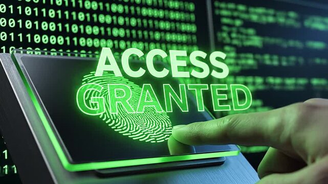 Biometric fingerprints scan successfully, triggering green access granted text over code.